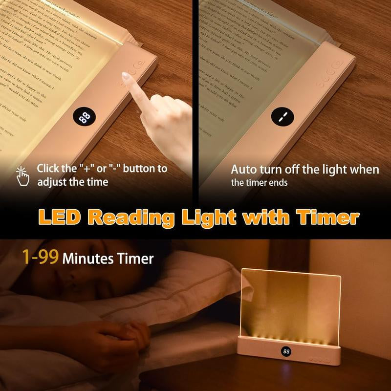 Book Light, Rechargeable Clear LED Flat Reading Light with & Timer, Dimmable Panel Plate Lamp Book Full Page Light for Reading in Bed at Night, Funny Gifts for Readers